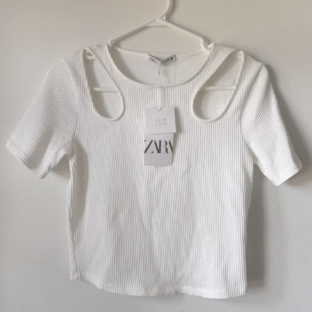 New Zara Cream White Ribbed Cold Shoulder Cut-out T-Shirt Top
